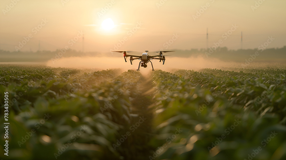 High-tech Drone flying at sunrise over a crop field for early morning agricultural monitoring.