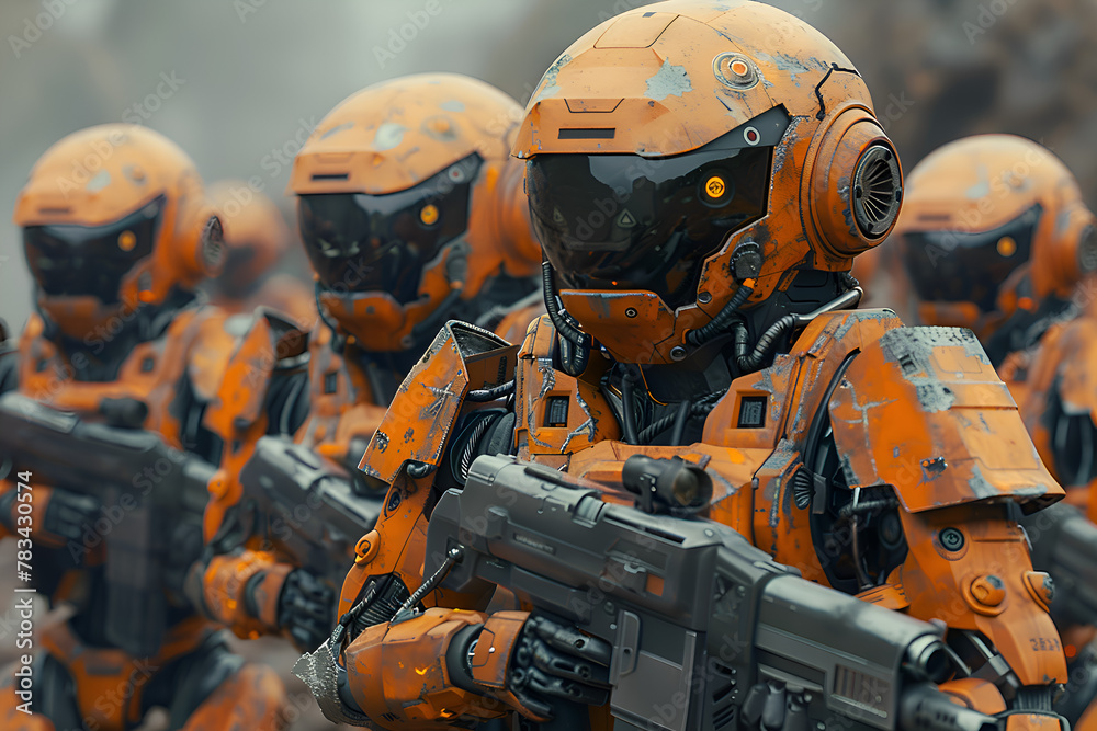 A series of robots in orange armor, standing in a close formation, robot is equipped with a futuristic firearm, rmor is heavily weathered and battle-scarred. Gen AI