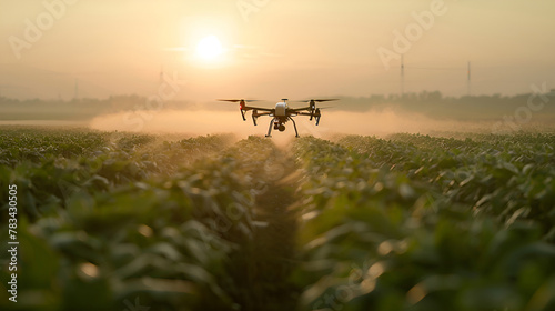 High-tech Drone flying at sunrise over a crop field for early morning agricultural monitoring. © eleonora_os