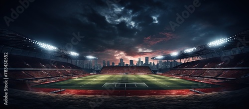 A low-angle shot of a soccer field at night with spotlights.