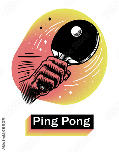 Ping Pong poster. Hand with ping pong racket in motion on abstract colorful background. Vector illustration.