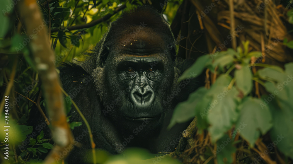 goryl (Gorilla) siedzący pod drzewem - obrazy, fototapety, plakaty 