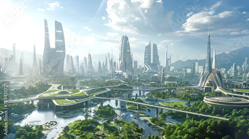 A beautiful eco-friendly city with white skyscrapers, a river and greenery. Futuristic cityscape background. AI generated illustration.