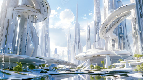 A beautiful eco-friendly city with white futuristic skyscrapers, a river and greenery. Cityscape of the future on a cloudy sky background. AI generated illustration.
