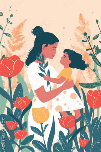 vector illustration mother with her kid flowers background