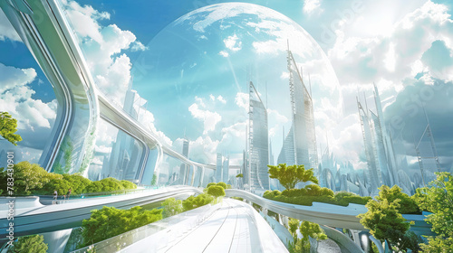 Future cityscape background. View of futuristic city with lots of greenery. AI generated illustration.