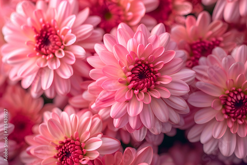 closeup shot of bright pink rose symetry blooming chrysanthemum flowers blossoms background pattern top down view photo
