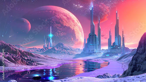Futuristic city on the surface of an icy planet, colorful sky with stars and planets in background, blue purple pink gradient colors. AI generated illustration.