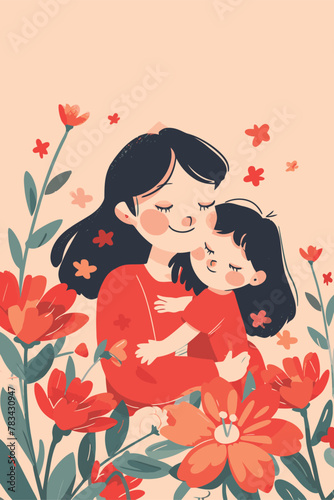vector illustration mother with her kid flowers background