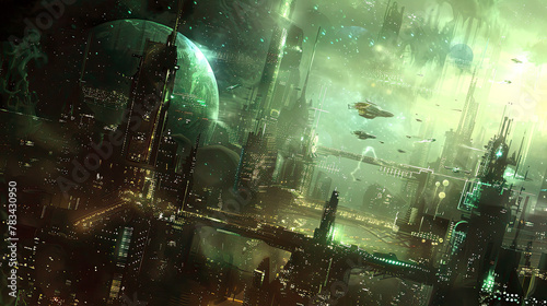 A green and teal cyberpunk cityscape with spaceships flying above, a fantasy art style painting in the style of fantasy art. AI generated illustration.