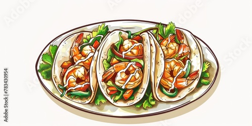 shrimp tacos on a plate, comic book, air brush style, illustration made with Generative Ai