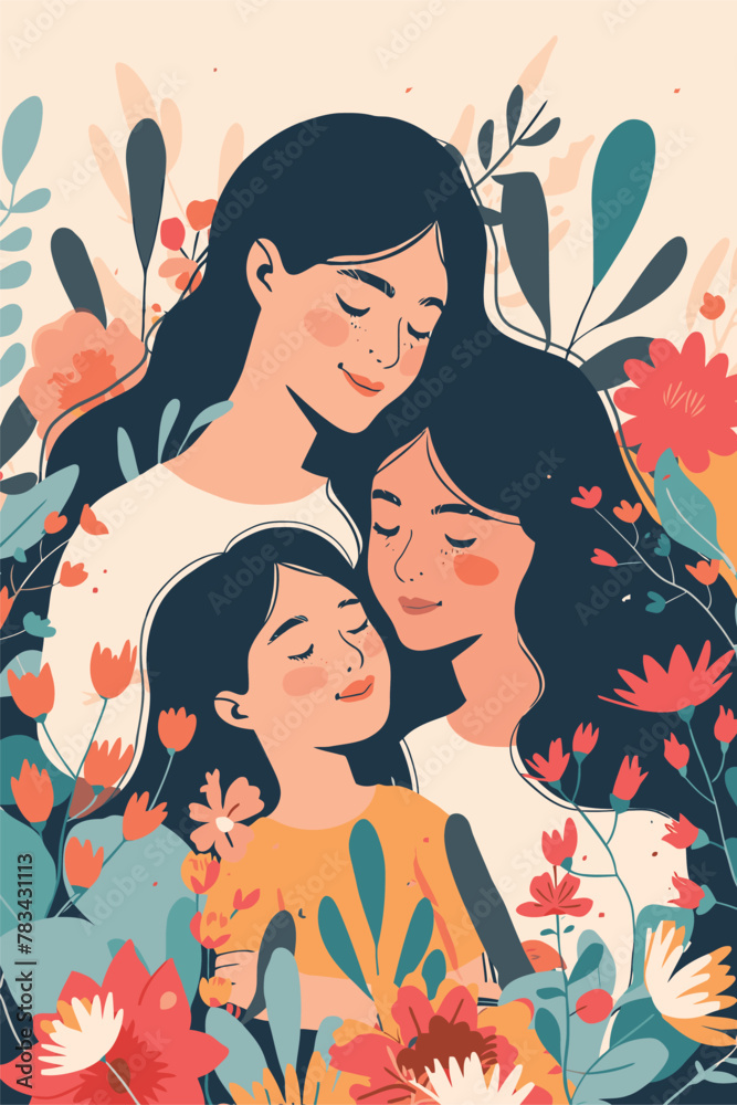vector illustration mother with her kid flowers background vector illustration mother with her kid flowers background