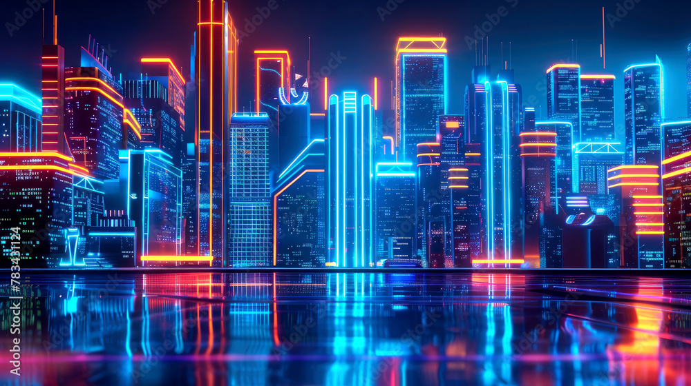 Futuristic cityscape at night, illuminated neon lights and skyscrapers made of glowing digital screens in the style of cyberpunk art. AI generated illustration.