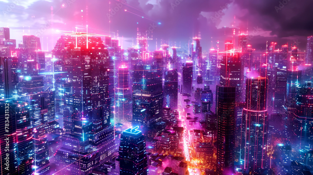 Futuristic cityscape with neon lights and skyscrapers in the cyberpunk style with a neon pink color theme. Holographic digital art. AI generated illustration.