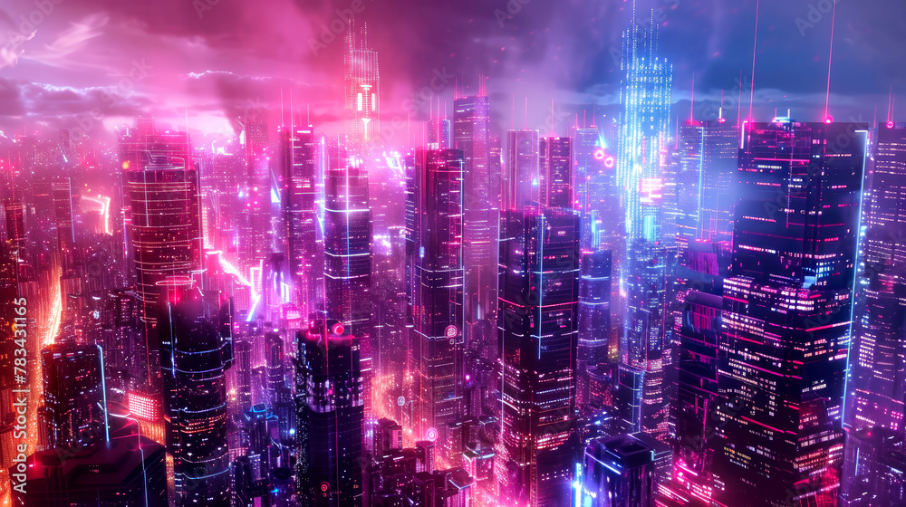 Obraz premium Futuristic cityscape with neon lights and skyscrapers in the cyberpunk style with a neon pink color theme. Нolographic digital art, cybernetic architecture. AI generated illustration.