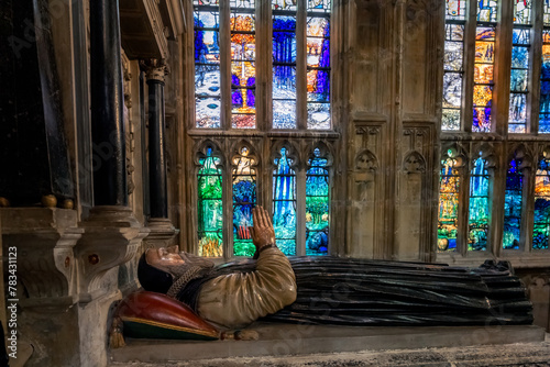 GLOUCESTER, ENGLAND - AUGUST 3rd, 2023: The Gerald Finzi windows in the Medieval Lady Chapel