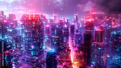 Futuristic cityscape with neon lights and skyscrapers in the cyberpunk style with a neon pink color theme. Holographic digital art. AI generated illustration.