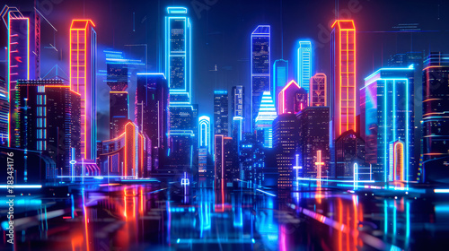 Futuristic cityscape at night, illuminated neon lights and skyscrapers made of glowing digital screens. AI generated illustration.  © Ольга Зуевская