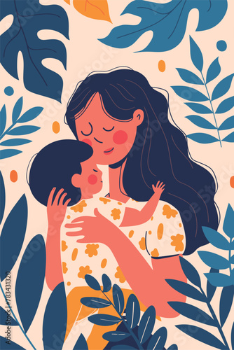 vector illustration mother with her kid flowers background