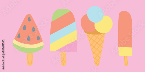 Assorted flat design ice creams and popsicles on a pastel pink background. Includes watermelon slice, colorful striped ice cream, and more. © AlexTroi