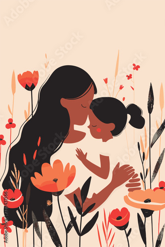 vector line art of mother and kid with flowers background