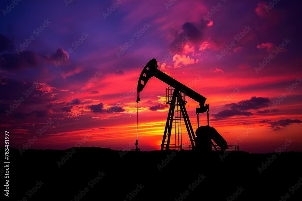 Oil pump jack silhouette against a vibrant sunset sky.