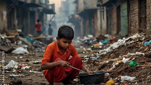 Indian child searching for food amidst urban poverty video animation photo