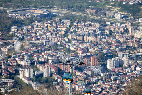 aerial view of the European city of Skopje, the gondola leading to the Millennium Cross attraction