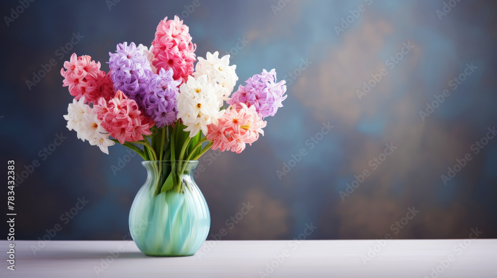 Blooming colorful hyacinths in a vase standing on the side. Empty background in a vintage charming style. Generative AI Blooming colorful hyacinths in a vase standing on the side. Empty background in a vintage charming style. Generative AI