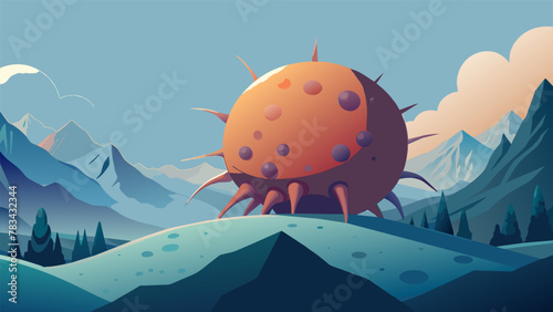 Further up in the mountains a massive siliconbased organism rests its huge bulk supported by long thick legs. Its body consists of multiple