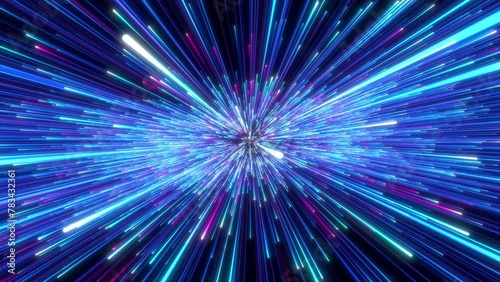 Bright radial light beams. Abstract background in blue and purple neon glow color. Light burst in universe. Space background for event, party, carnival, celebration, anniversary or other. 3D rendering