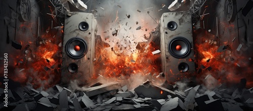 Powerful audio speakers shatter concrete walls. Blast holes, fire and debris. Metal and loud music audio concept.