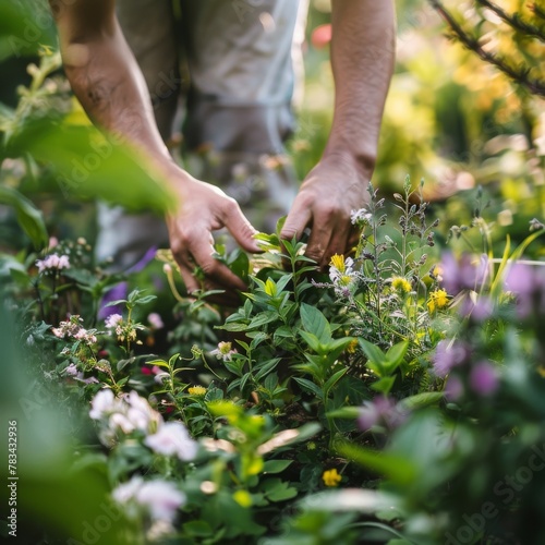 Person tending to garden plants suitable for content in gardening and lifestyle industries