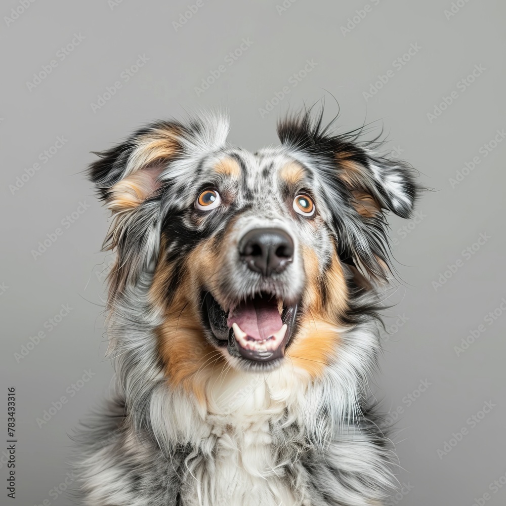 Portrait of a happy Australian Shepherd dog against grey background for pet industry use Portrait of a happy Australian Shepherd dog against grey background for pet industry use