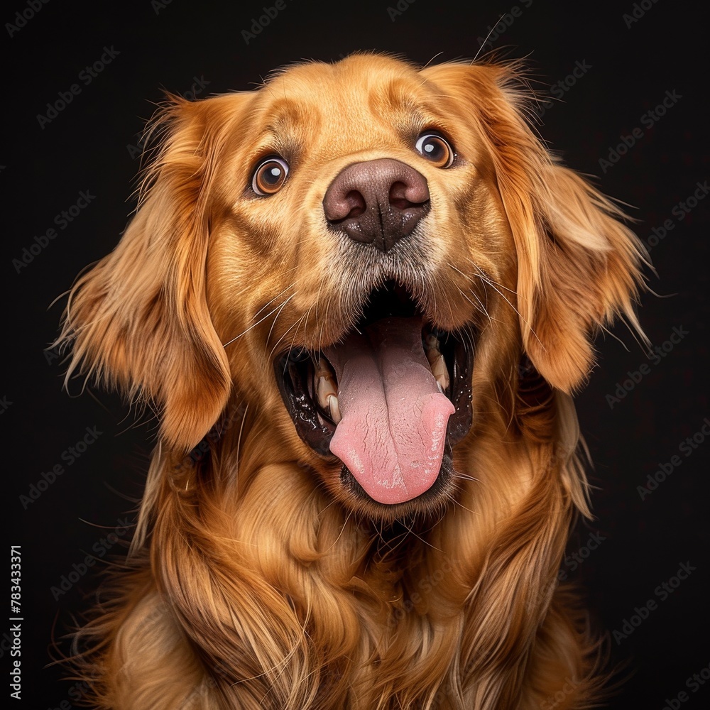 Close-up of a Happy Golden Retriever Against Dark Background for Pet Care Industry Use