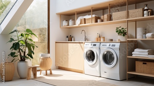 A contemporary laundry room with impeccably organized shelves and light wooden cabinetry. Generative AI photo