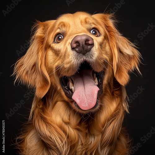 Close-up of a Happy Golden Retriever Against Dark Background for Pet Care Industry Use © Stockules