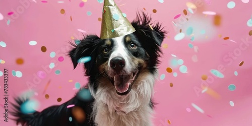 Happy Dog Celebrating with Party Hat and Confetti