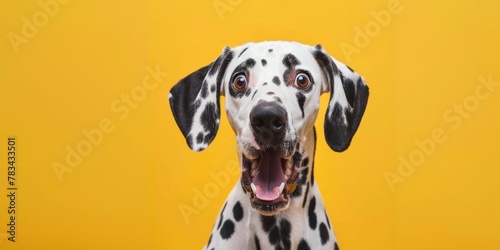 Excited Dalmatian dog on a vibrant yellow background