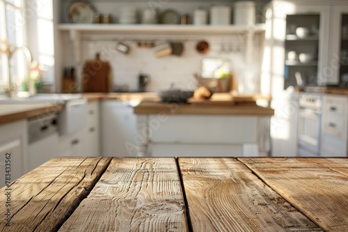 A bright farmhouse kitchen, with a focus on the rugged wooden table top and sun-filled, airy space in the soft-focus background.