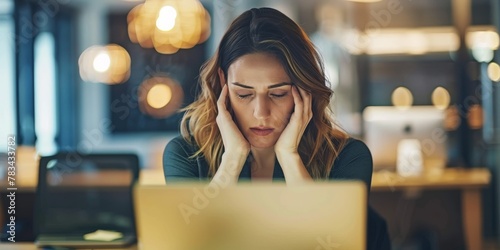 Stressed young woman at work possibly needing wellness or mental health support