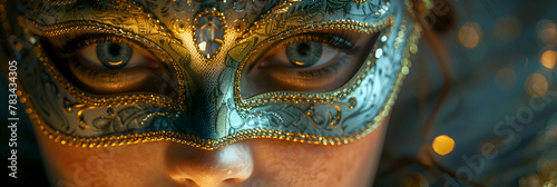 A Venetian mask partially veiled in shadows, with soft natural light illuminating its intricate features, hinting at its hidden stories