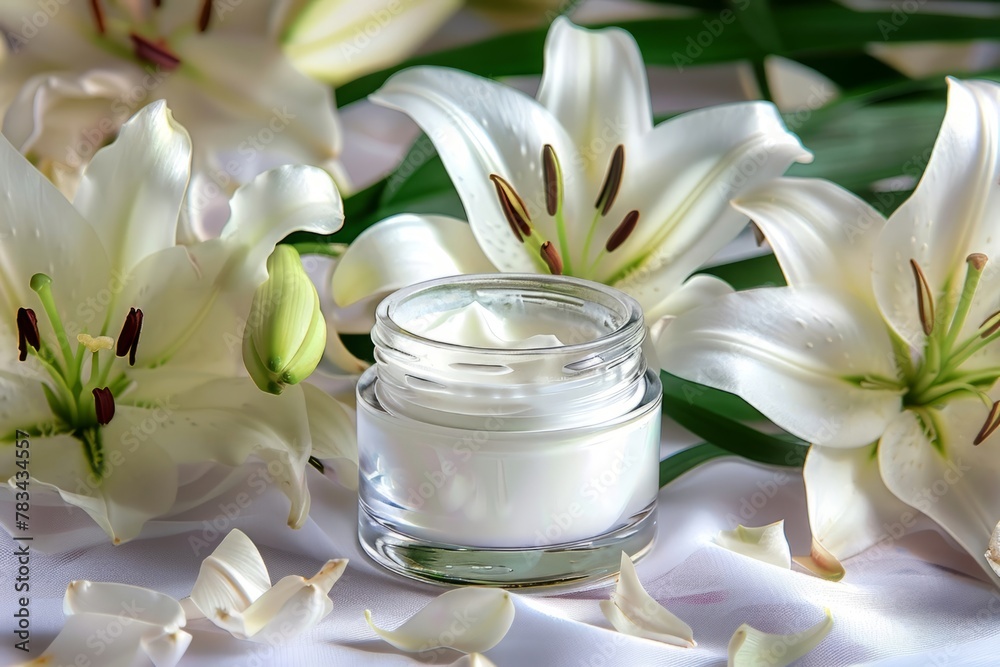 Facial skin care cream, natural cosmetics made from flowers and petals. A glass jar with white cream stands among white lily flowers Facial skin care cream, natural cosmetics made from flowers and petals. A glass jar with white cream stands among white lily flowers