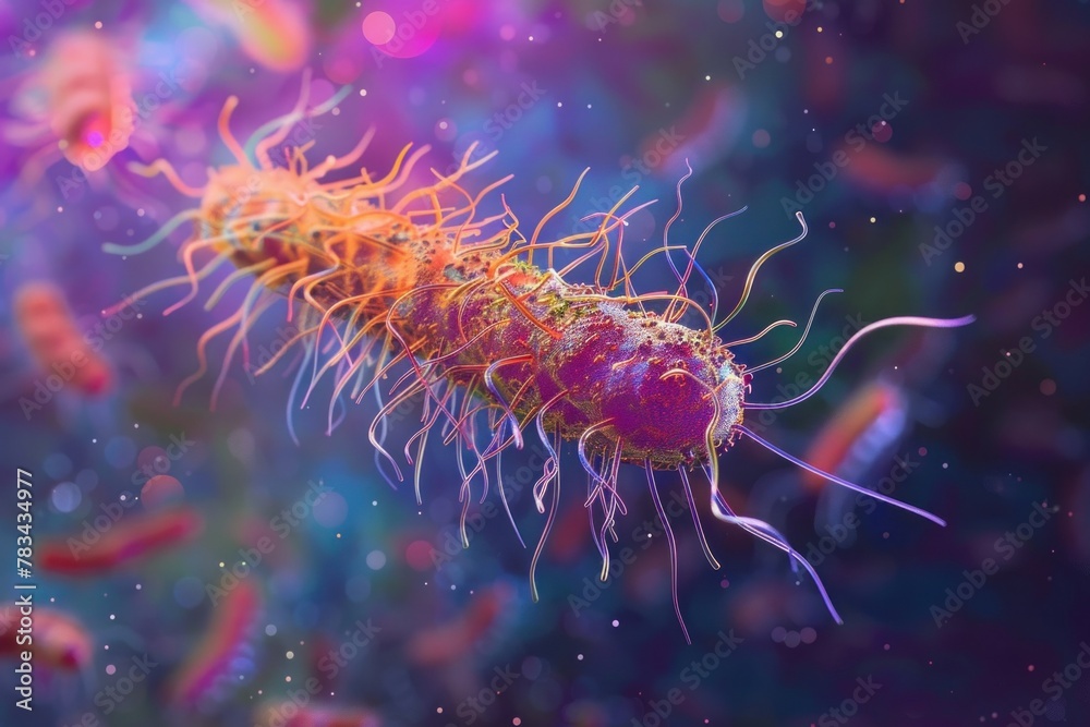 Artistic depiction of a bacterial cell with colorful, futuristic digital overlays.