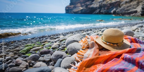 Vibrant towel and straw hat resting on a pebble beach with clear blue water in the background.