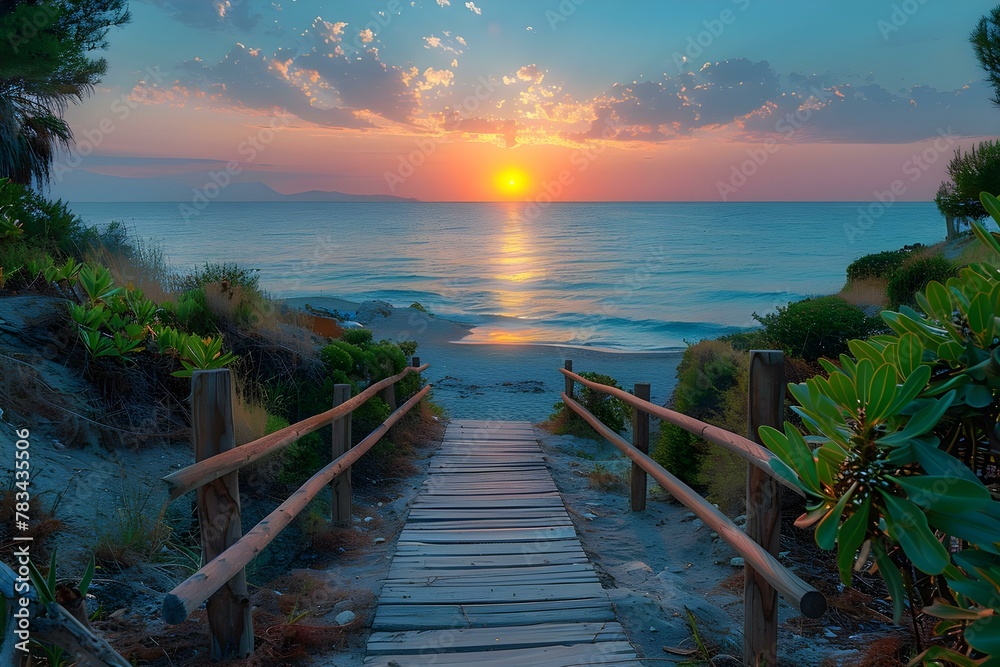 Sunset Serenity: Ocean Vista via Boardwalk. Concept Outdoor Photoshoot, Colorful Props, Joyful Portraits, Playful Poses, Ocean Views - obrazy, fototapety, plakaty 