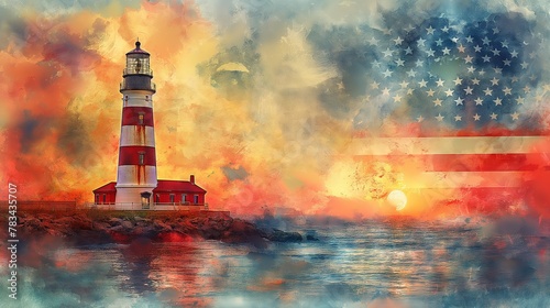 Patriotic Lighthouse at Sunset with American Flag