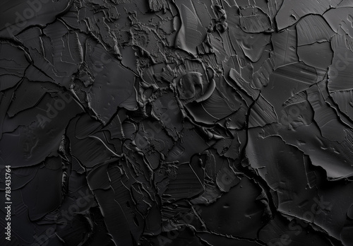 Cracked Black Texture, Abstract Oil Paint, Edgy Monochrome Background with Copy Space