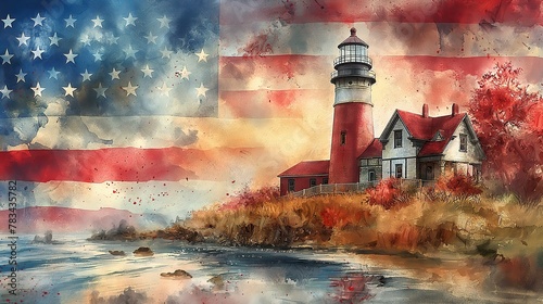 American Flag and Lighthouse Painting