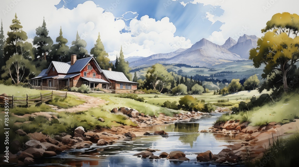 Fototapeta premium Idyllic Countryside Landscape with Cozy Farmhouse